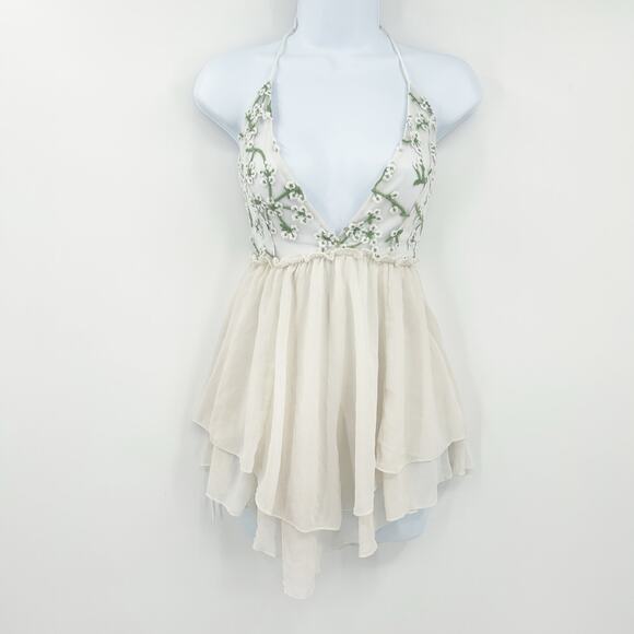 Lucy in the Sky Pants - Lucy In The Sky Womens Fairy Coquette Embroidered Floral Halter Romper Size XS